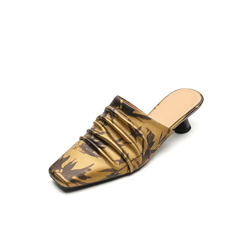 Vintage Eastern Style Leather Folded Mules Kitten Heel Slippers with Printed Motif in Black/Brown/Light Apricot