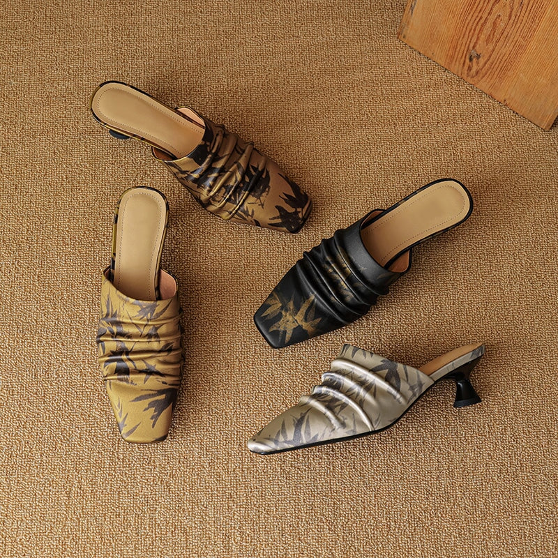 Vintage Eastern Style Leather Folded Mules Kitten Heel Slippers with Printed Motif in Black/Brown/Light Apricot