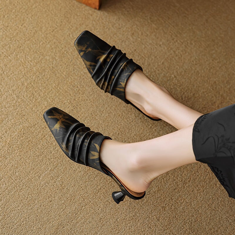 Vintage Eastern Style Leather Folded Mules Kitten Heel Slippers with Printed Motif in Black/Brown/Light Apricot