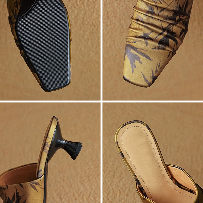 Vintage Eastern Style Leather Folded Mules Kitten Heel Slippers with Printed Motif in Black/Brown/Light Apricot