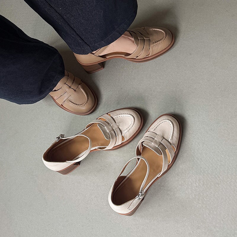 Vintage Fisherman Mary Jane Sandals Closed-Toe Cut-Out Chunky Heel Shoes in Beige/Apricot