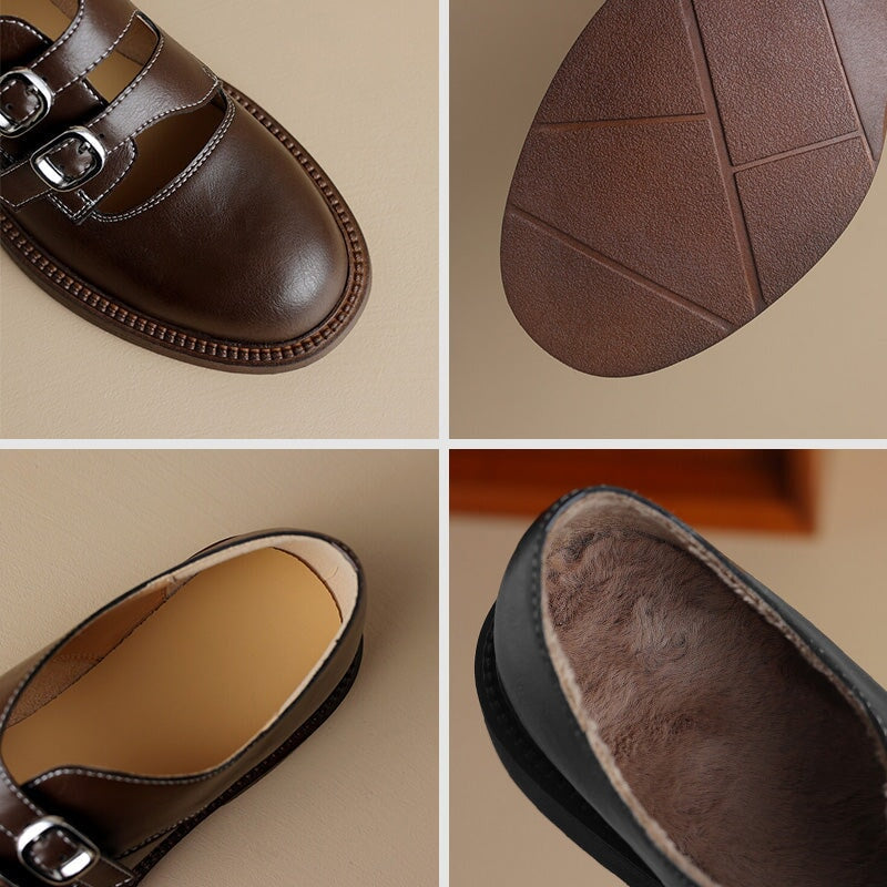 Vintage Handmade Cowhide Double Buckle Mary Jane Shoes in Brown/Black