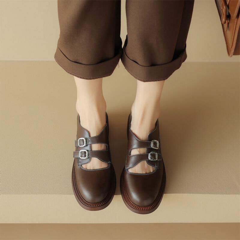 Vintage Handmade Cowhide Double Buckle Mary Jane Shoes in Brown/Black