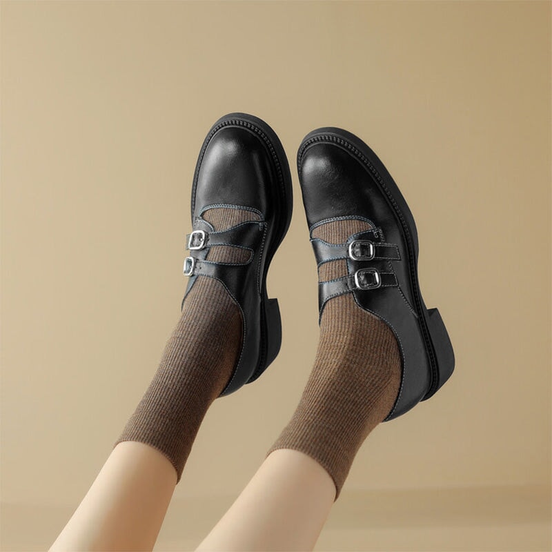 Vintage Handmade Cowhide Double Buckle Mary Jane Shoes in Brown/Black