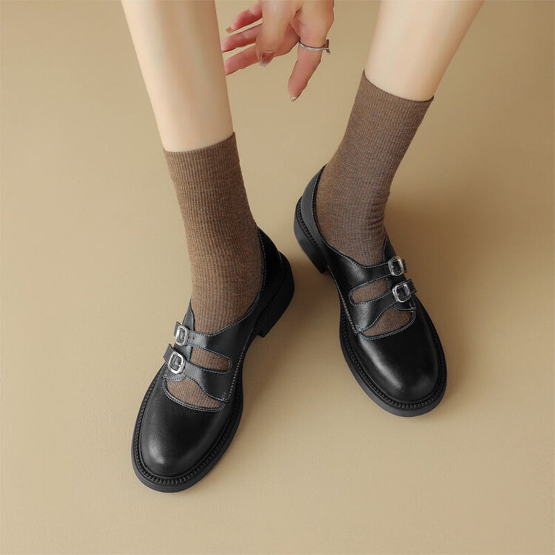 Vintage Handmade Cowhide Double Buckle Mary Jane Shoes in Brown/Black