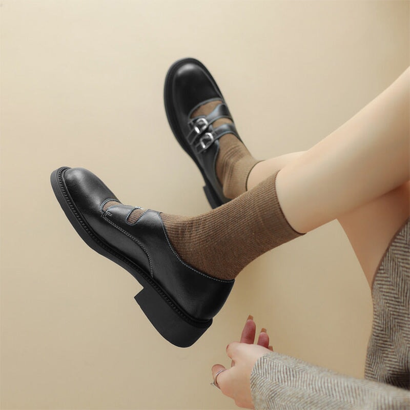 Vintage Handmade Cowhide Double Buckle Mary Jane Shoes in Brown/Black