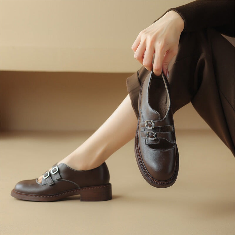 Vintage Handmade Cowhide Double Buckle Mary Jane Shoes in Brown/Black