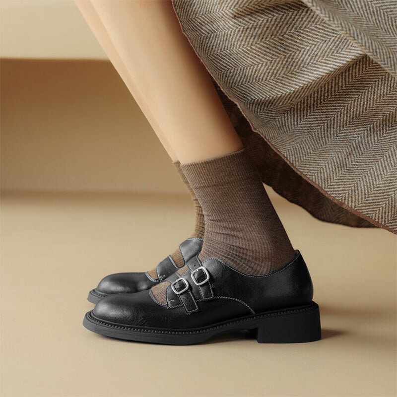 Vintage Handmade Cowhide Double Buckle Mary Jane Shoes in Brown/Black