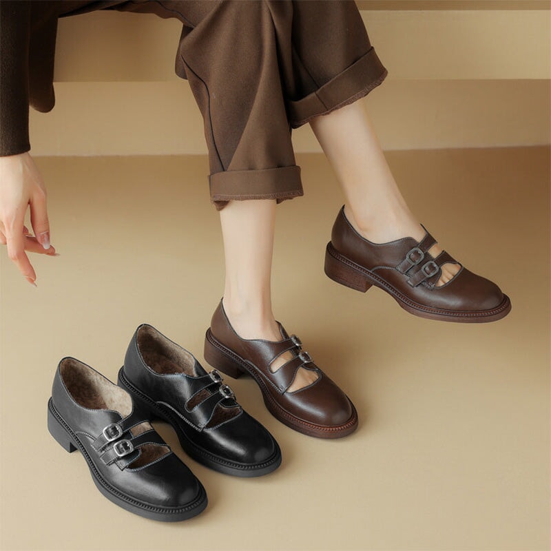 Vintage Handmade Cowhide Double Buckle Mary Jane Shoes in Brown/Black