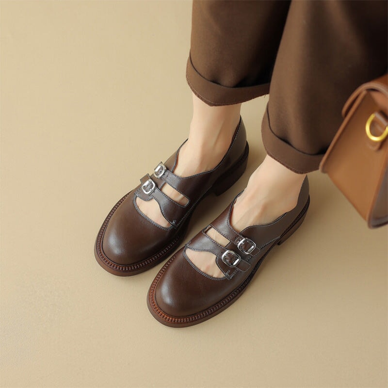 Vintage Handmade Cowhide Double Buckle Mary Jane Shoes in Brown/Black