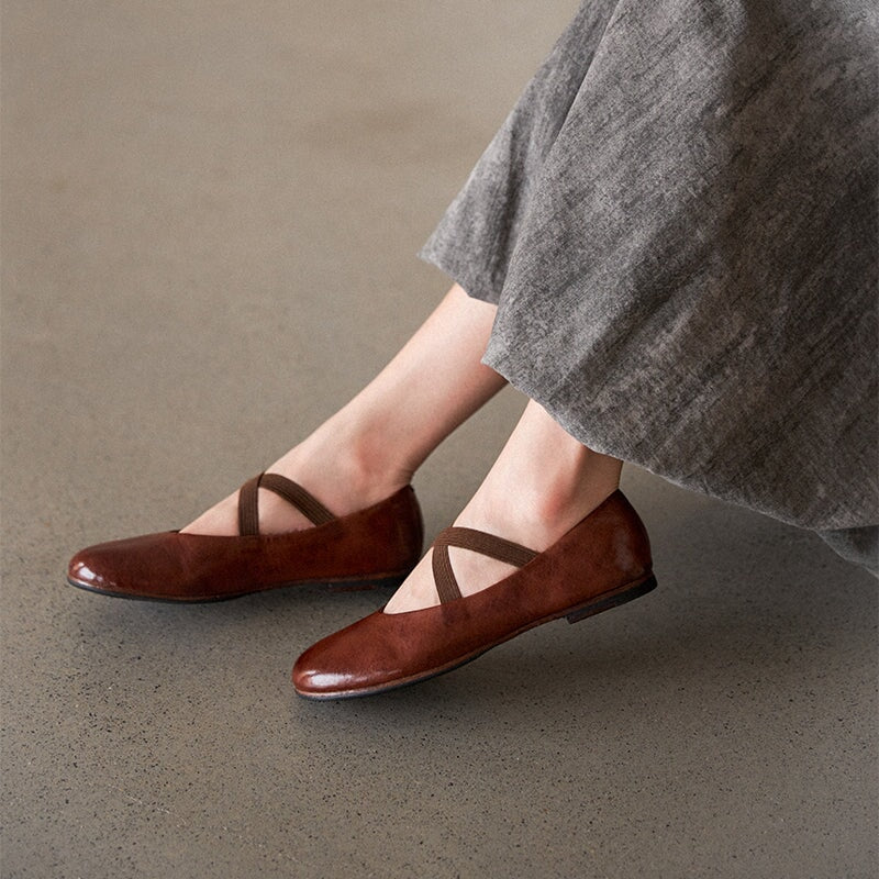 Vintage Handmade Horse Leahter Leather Flat Mary Jane Shoes with Elastic Cross Straps in Coffee/Red