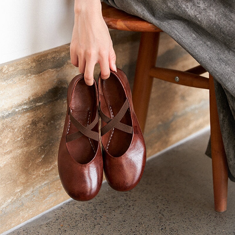 Vintage Handmade Horse Leahter Leather Flat Mary Jane Shoes with Elastic Cross Straps in Coffee/Red