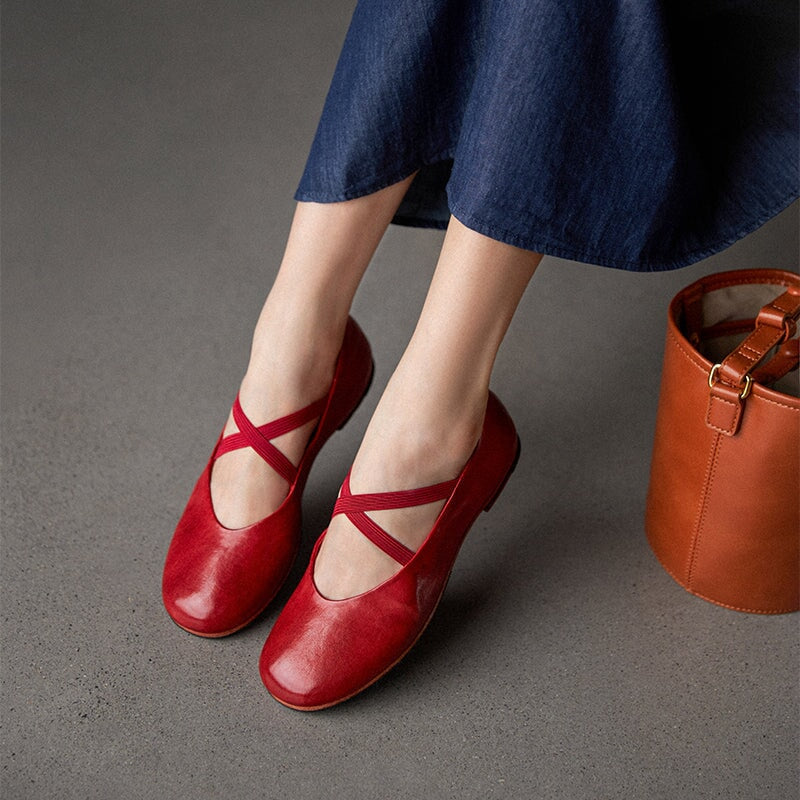 Vintage Handmade Horse Leahter Leather Flat Mary Jane Shoes with Elastic Cross Straps in Coffee/Red