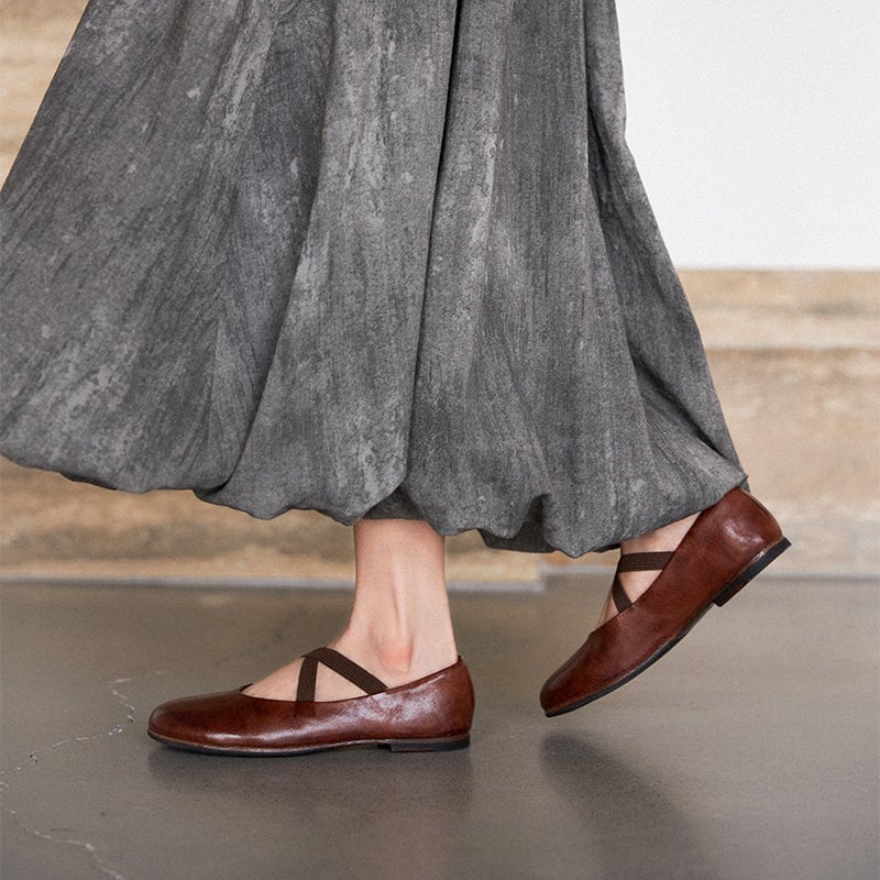 Vintage Handmade Horse Leahter Leather Flat Mary Jane Shoes with Elastic Cross Straps in Coffee/Red