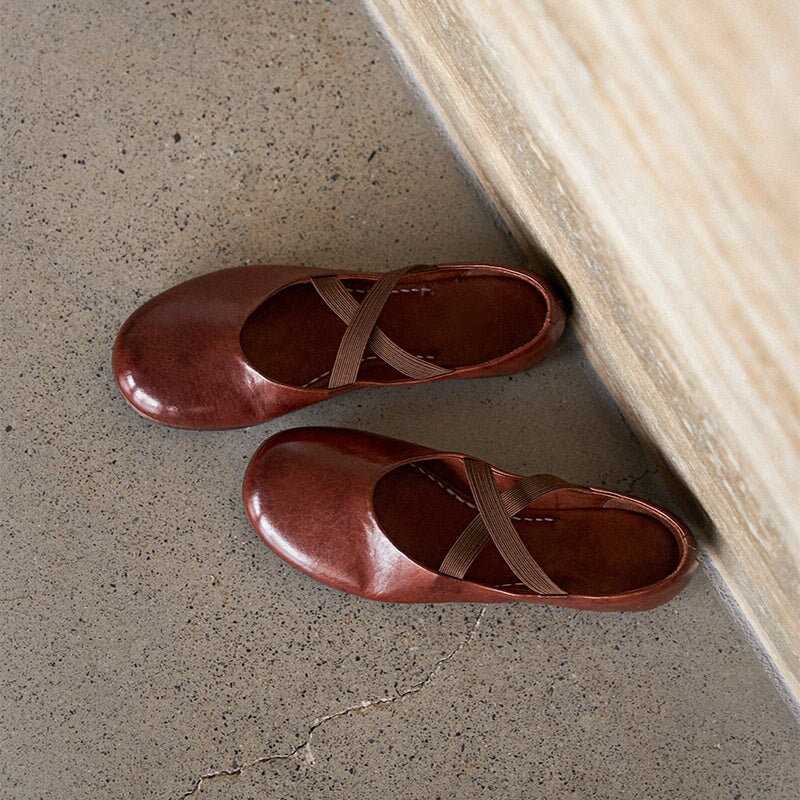 Vintage Handmade Horse Leahter Leather Flat Mary Jane Shoes with Elastic Cross Straps in Coffee/Red