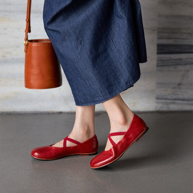 Vintage Handmade Horse Leahter Leather Flat Mary Jane Shoes with Elastic Cross Straps in Coffee/Red
