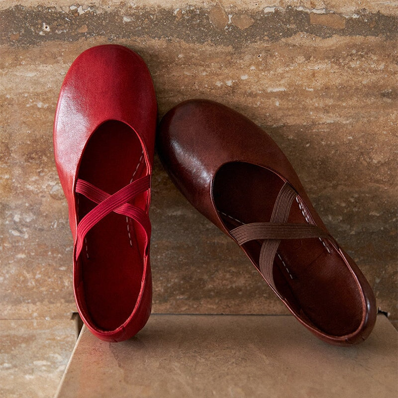 Vintage Handmade Horse Leahter Leather Flat Mary Jane Shoes with Elastic Cross Straps in Coffee/Red