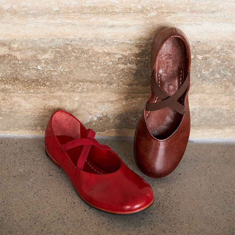 Vintage Handmade Horse Leahter Leather Flat Mary Jane Shoes with Elastic Cross Straps in Coffee/Red