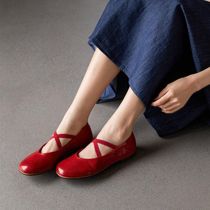 Vintage Handmade Horse Leahter Leather Flat Mary Jane Shoes with Elastic Cross Straps in Coffee/Red
