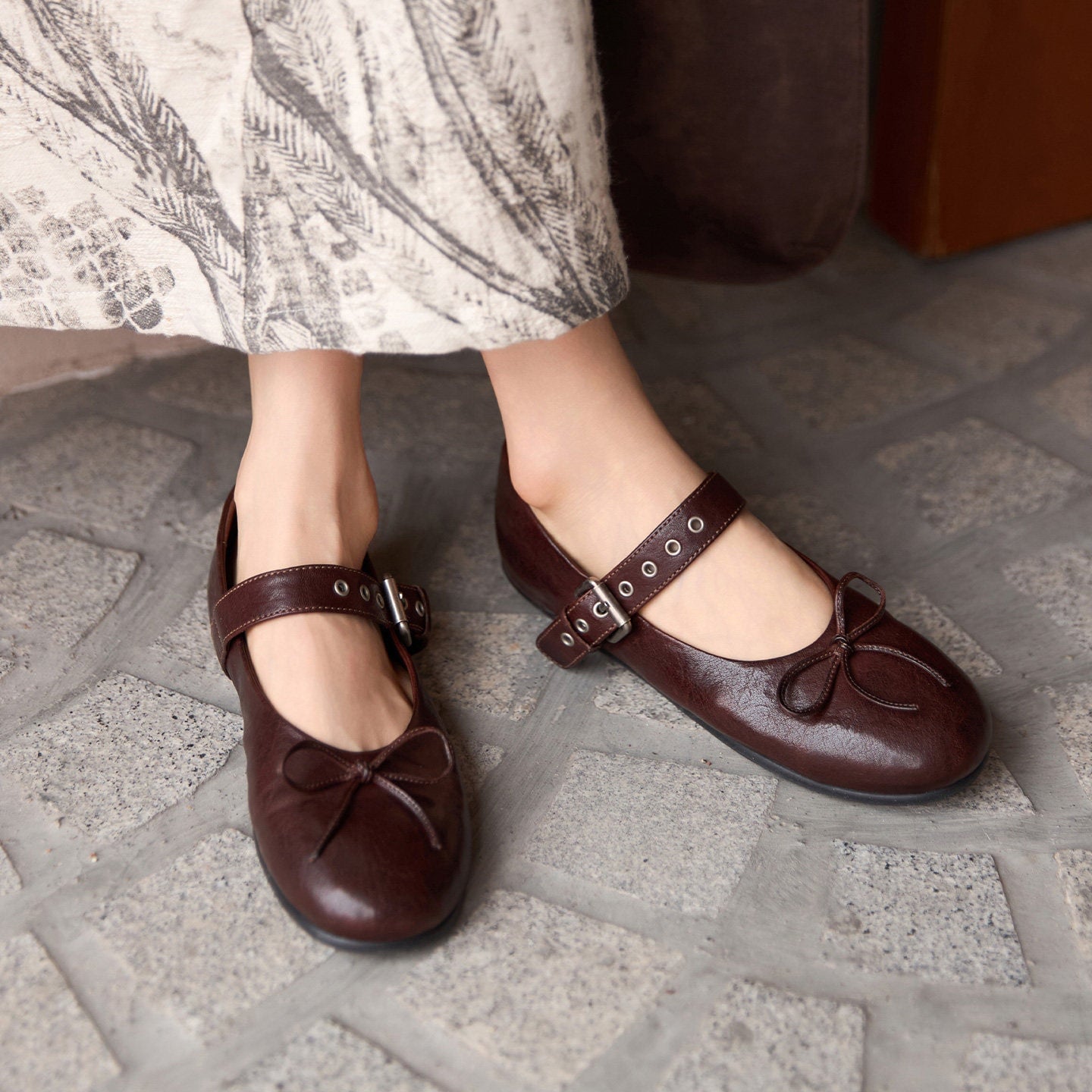 Vintage Handmade Horse Leather Mary Jane Ballet Flats Women with Bow in Coffee