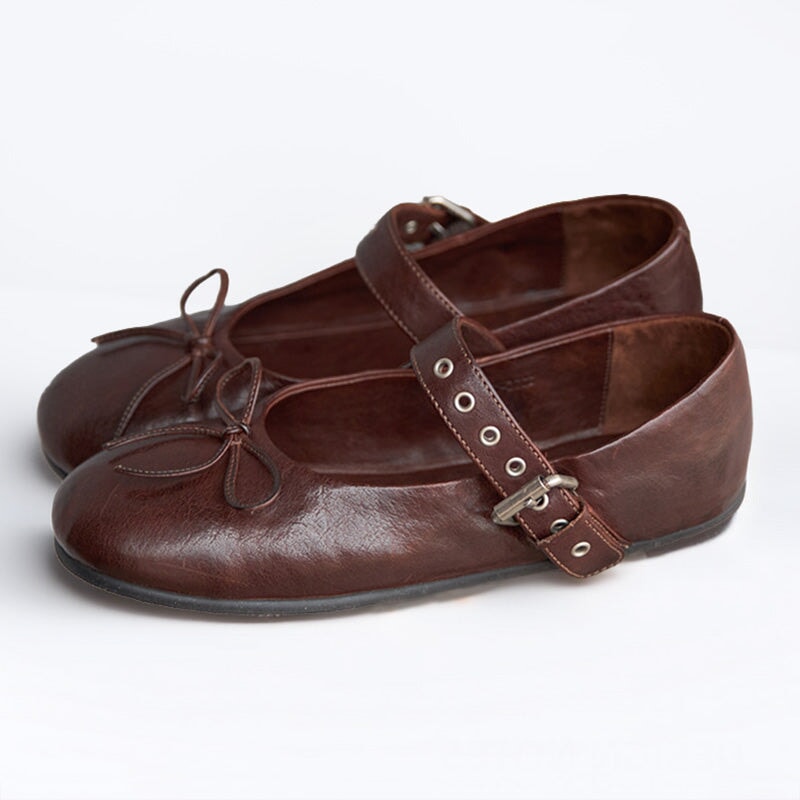 Vintage Handmade Horse Leather Mary Jane Ballet Flats Women with Bow in Coffee