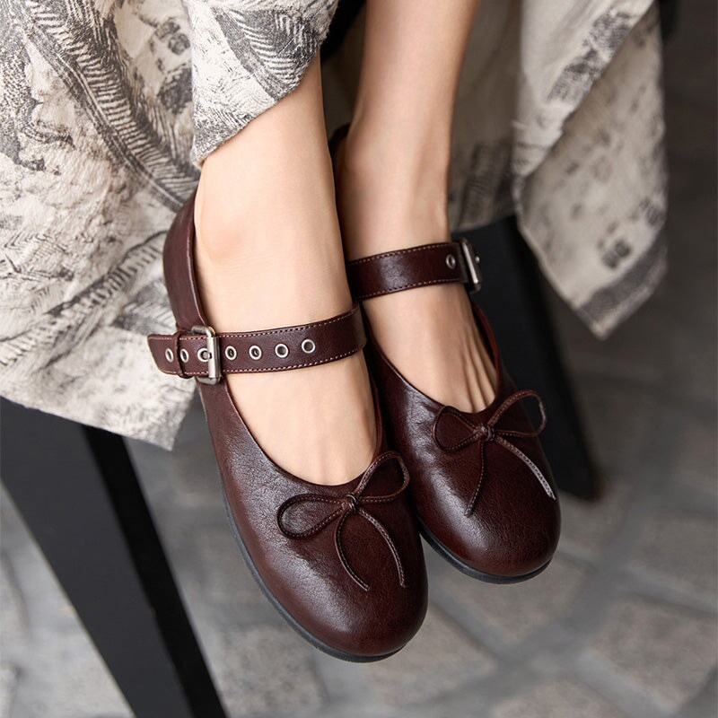 Vintage Handmade Horse Leather Mary Jane Ballet Flats Women with Bow in Coffee