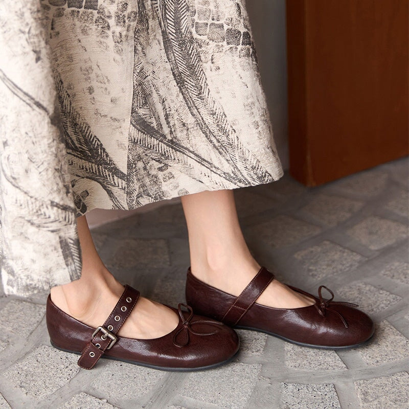 Vintage Handmade Horse Leather Mary Jane Ballet Flats Women with Bow in Coffee