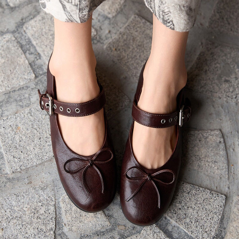 Vintage Handmade Horse Leather Mary Jane Ballet Flats Women with Bow in Coffee