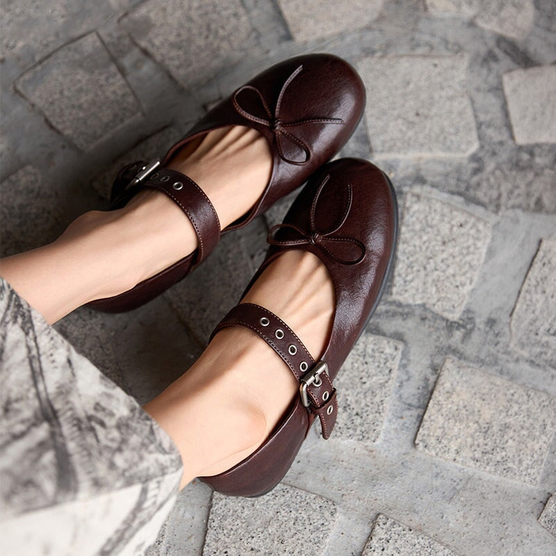 Vintage Handmade Horse Leather Mary Jane Ballet Flats Women with Bow in Coffee