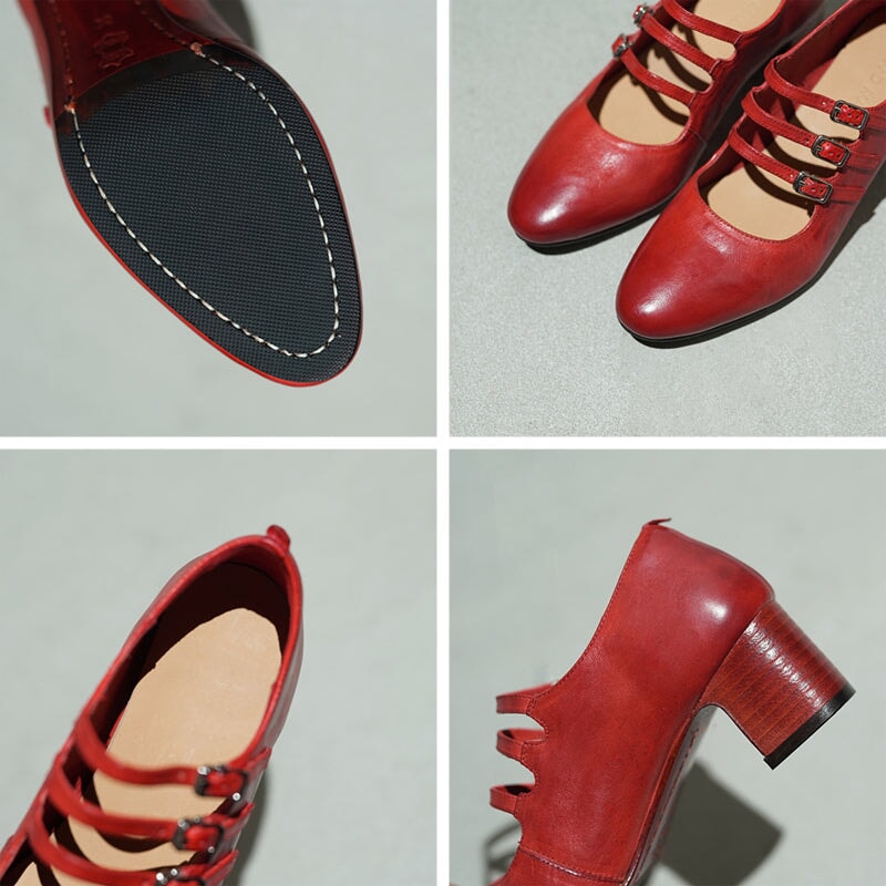 Vintage Handmade Horse Leather Mary Jane Shoes 50mm Triple-strap Pumps Block Heel in Red/Black