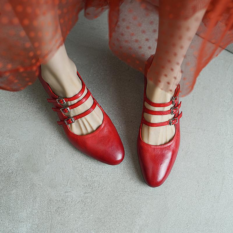 Vintage Handmade Horse Leather Mary Jane Shoes 50mm Triple-strap Pumps Block Heel in Red/Black