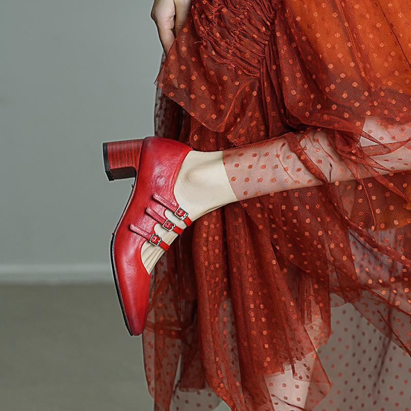 Vintage Handmade Horse Leather Mary Jane Shoes 50mm Triple-strap Pumps Block Heel in Red/Black