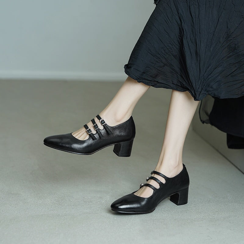 Vintage Handmade Horse Leather Mary Jane Shoes 50mm Triple-strap Pumps Block Heel in Red/Black