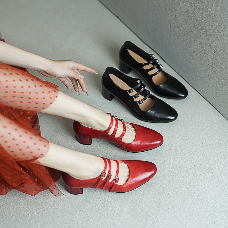 Vintage Handmade Horse Leather Mary Jane Shoes 50mm Triple-strap Pumps Block Heel in Red/Black