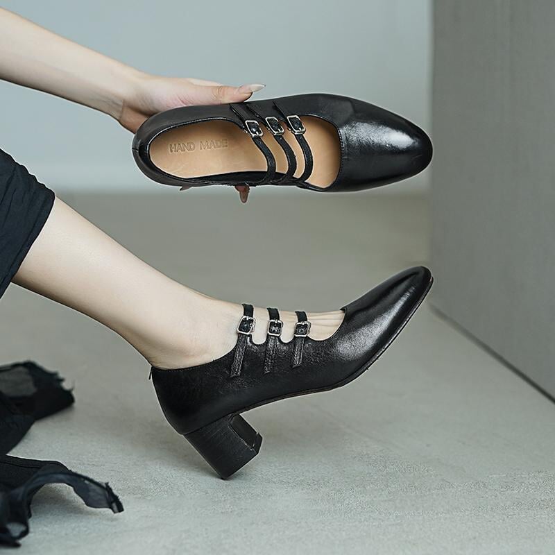 Vintage Handmade Horse Leather Mary Jane Shoes 50mm Triple-strap Pumps Block Heel in Red/Black