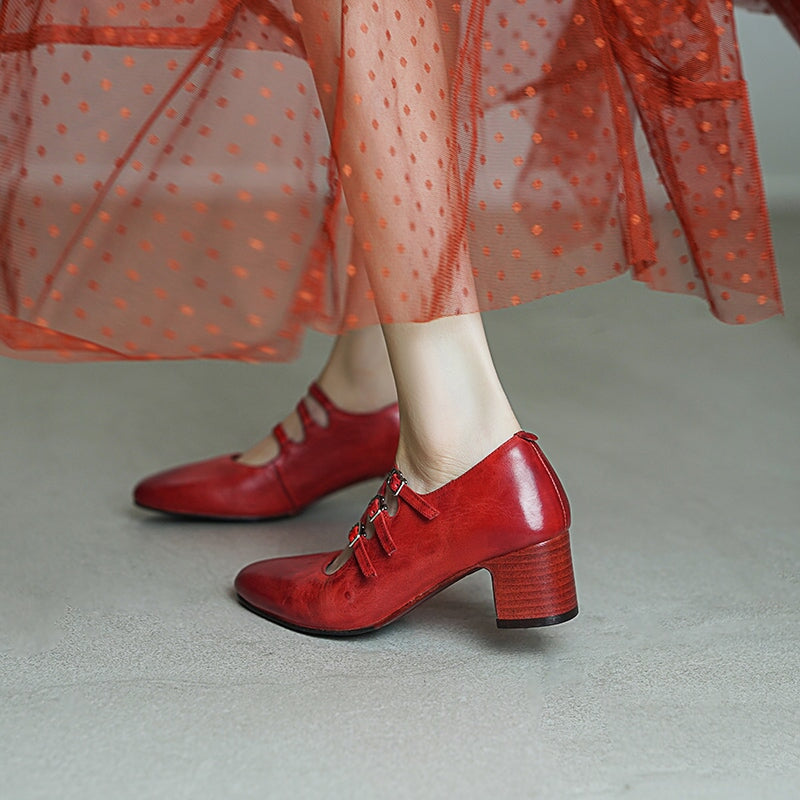Vintage Handmade Horse Leather Mary Jane Shoes 50mm Triple-strap Pumps Block Heel in Red/Black