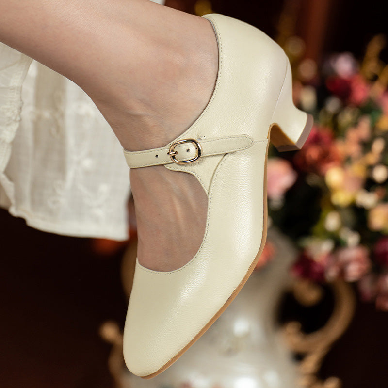 Vintage Handmade Sheepskin Classic Mary Jane Pumps in Beige