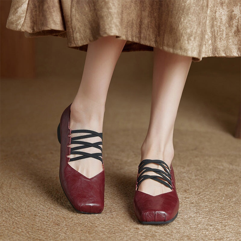 Vintage Handmade Sheepskin Square Toe Multi-Strap Mary Jane Shoes in Black/Brown/Wine Red