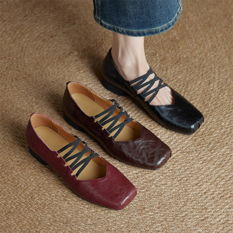 Vintage Handmade Sheepskin Square Toe Multi-Strap Mary Jane Shoes in Black/Brown/Wine Red