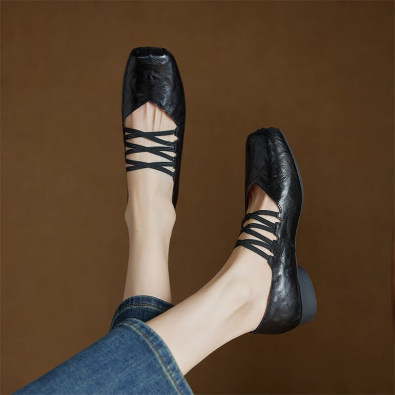 Vintage Handmade Sheepskin Square Toe Multi-Strap Mary Jane Shoes in Black/Brown/Wine Red