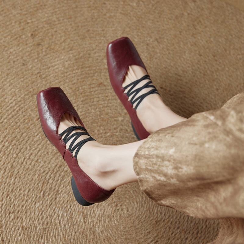 Vintage Handmade Sheepskin Square Toe Multi-Strap Mary Jane Shoes in Black/Brown/Wine Red