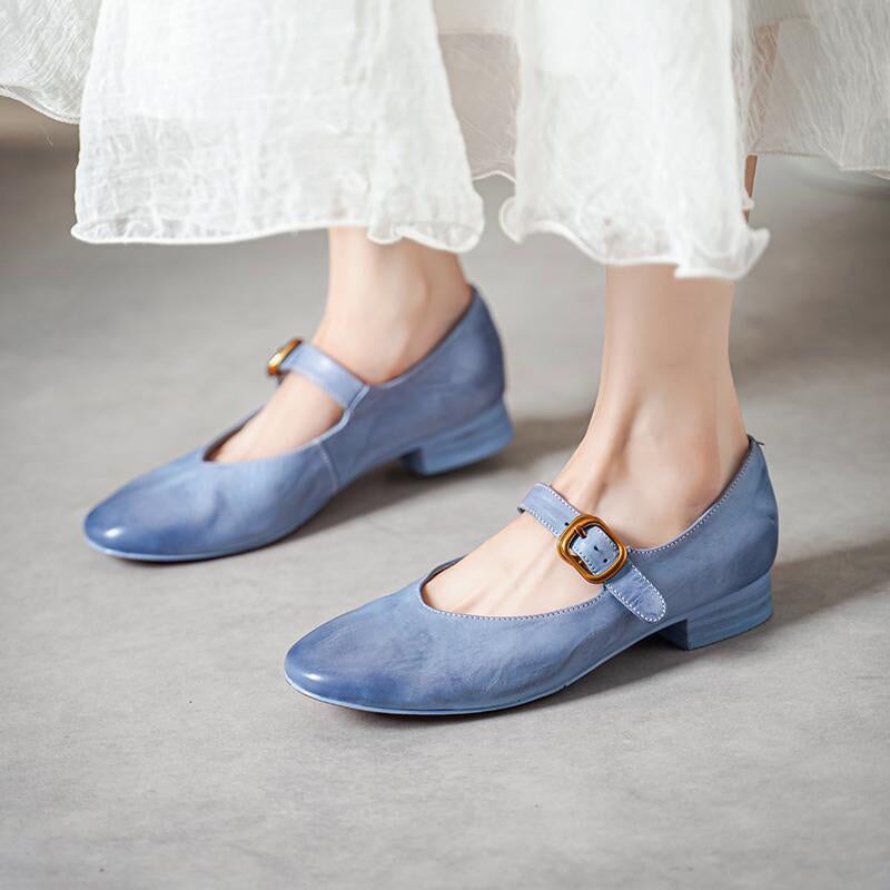 Vintage Handmade Soft Washed Horse Leather Mary Jane Shoes Pink/Blue/Yellow