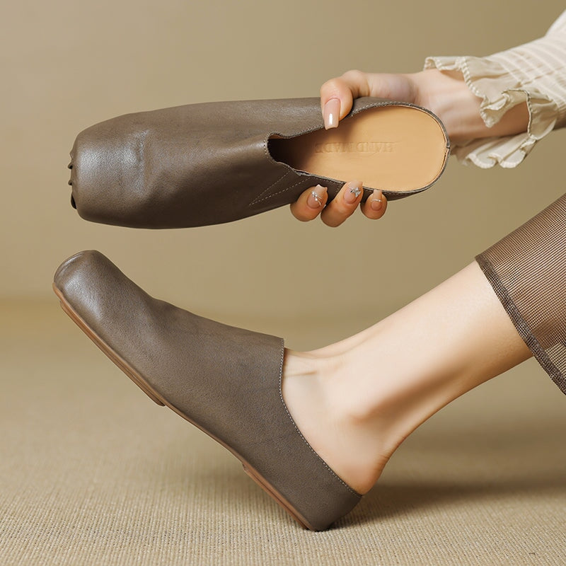 Vintage Handmade Square Toe Horse Leather Mule Slippers with Hidden Lift in Black/Apricot/Grey