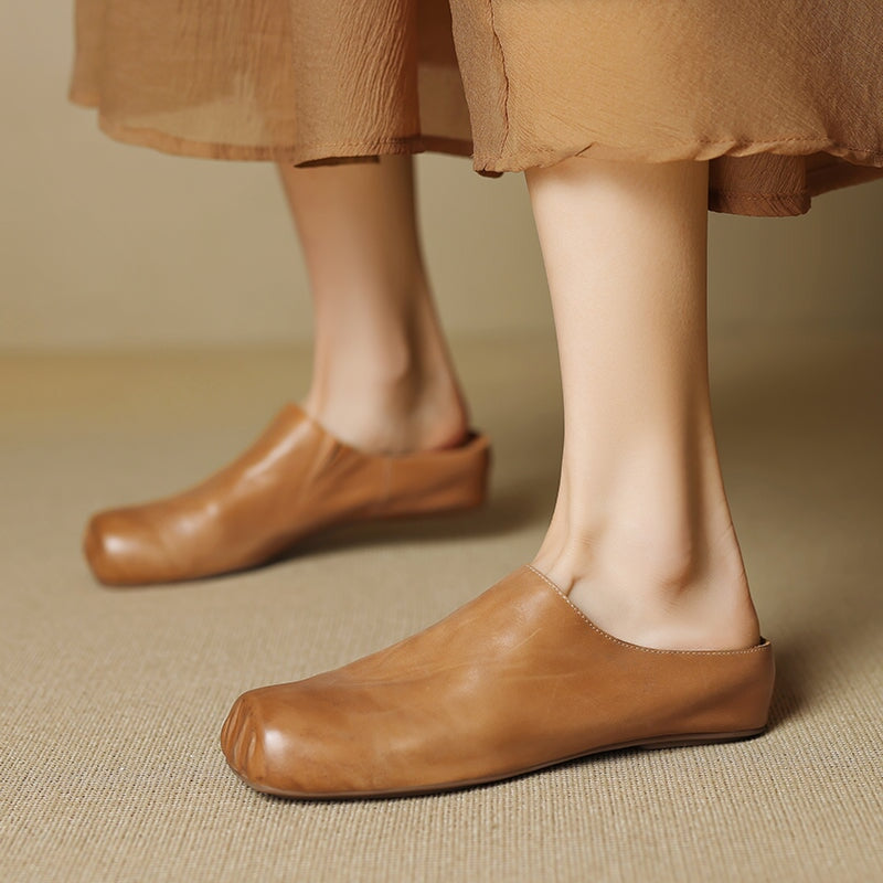 Vintage Handmade Square Toe Horse Leather Mule Slippers with Hidden Lift in Black/Apricot/Grey