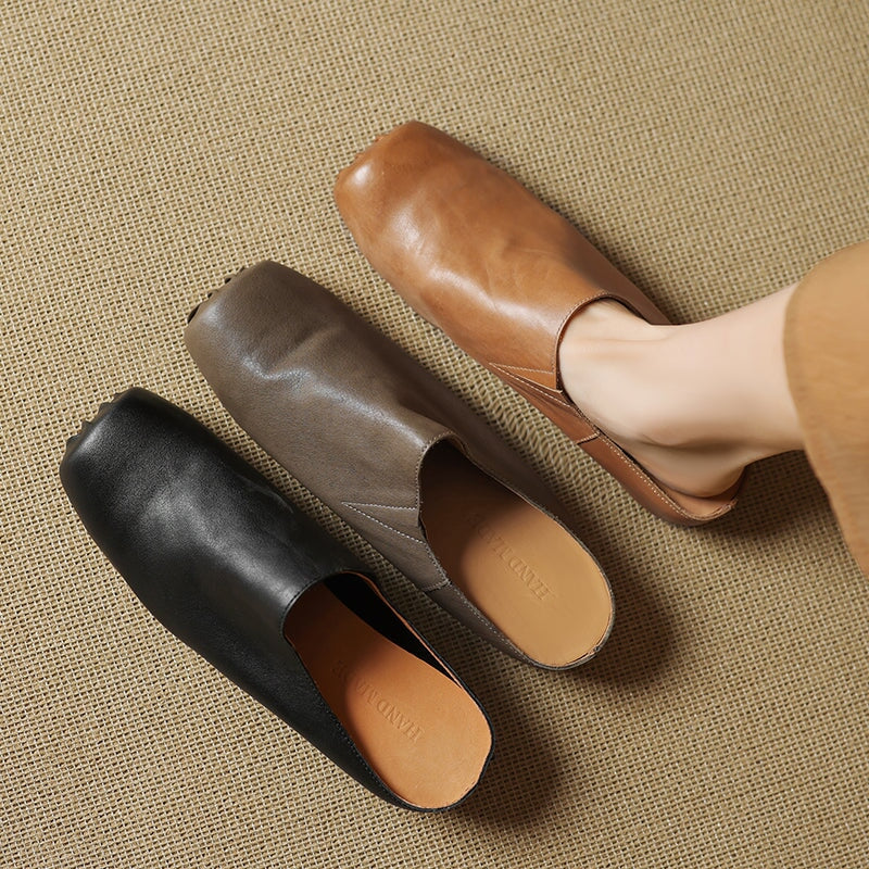 Vintage Handmade Square Toe Horse Leather Mule Slippers with Hidden Lift in Black/Apricot/Grey
