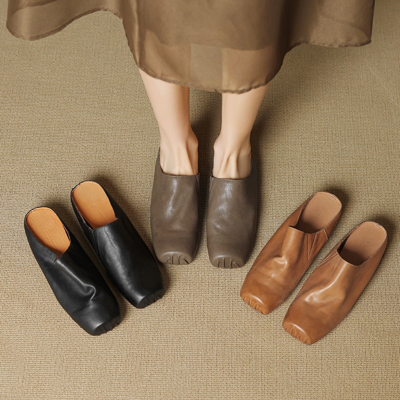 Vintage Handmade Square Toe Horse Leather Mule Slippers with Hidden Lift in Black/Apricot/Grey