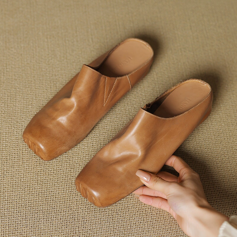 Vintage Handmade Square Toe Horse Leather Mule Slippers with Hidden Lift in Black/Apricot/Grey