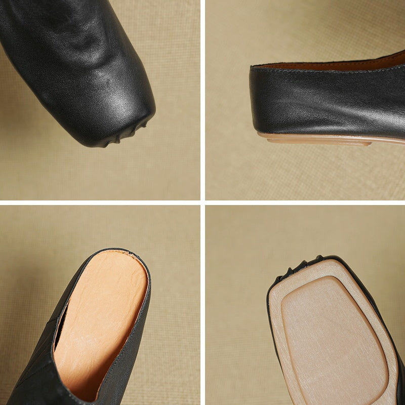 Vintage Handmade Square Toe Horse Leather Mule Slippers with Hidden Lift in Black/Apricot/Grey