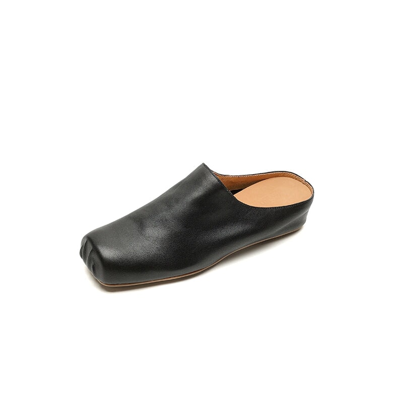 Vintage Handmade Square Toe Horse Leather Mule Slippers with Hidden Lift in Black/Apricot/Grey