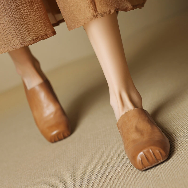 Vintage Handmade Square Toe Horse Leather Mule Slippers with Hidden Lift in Black/Apricot/Grey